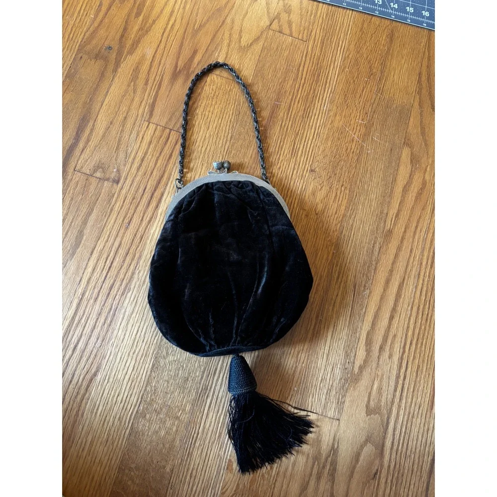 Antique Brownish Black Velvet Tassel Evening Bag Art Deco Kiss Lock Silk Lining